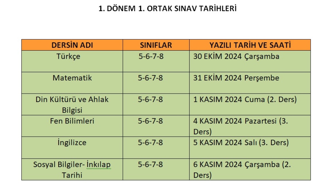 OKULUMUZ 1. DÖNEM 1. ORTAK SINAV TARİHLERİ